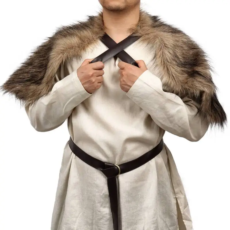 DAZCOS-Xaile medieval do colar do envoltório da pele do falso, inverno encolher os ombros, traje Cosplay com cinto, Viking do falso pele capa, correias de couro