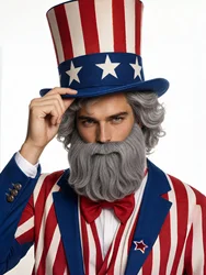 REEWES Grey Curly Wig Beard Set For Old man Sam Costume Santa Claus King Cosplay Synthetic Hair Drama Halloween Christmas Party