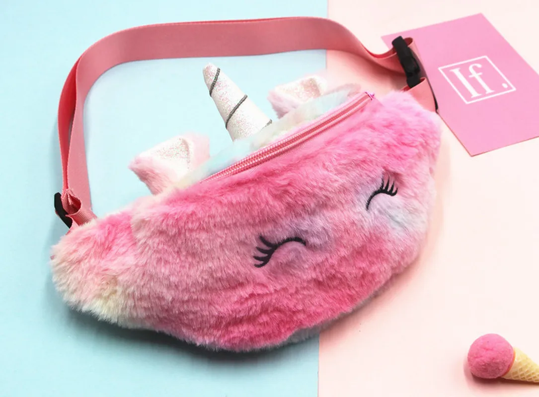 Simpatico unicorno marsupio ragazze marsupio peluche cintura colore sfumato borsa petto cartone animato portamonete borsa da viaggio petto per bambino