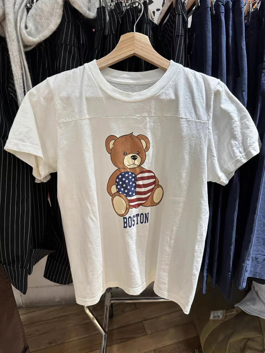 Cartoon Little Bear Print T-shirts Woman Summer O-Neck Short Sleeve Cotton Tee Shirt Casual Vintage Sweet Cute Tshirt Y2k Top