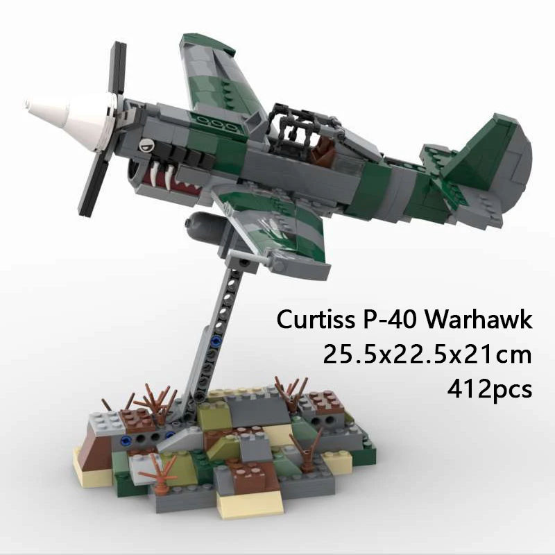 

412 шт. MOC строительные блоки Curtiss P-40 Warhawk/Tomahawk/Cyclone комплект модели самолета-истребителя, сборная игрушка, подарок для детей