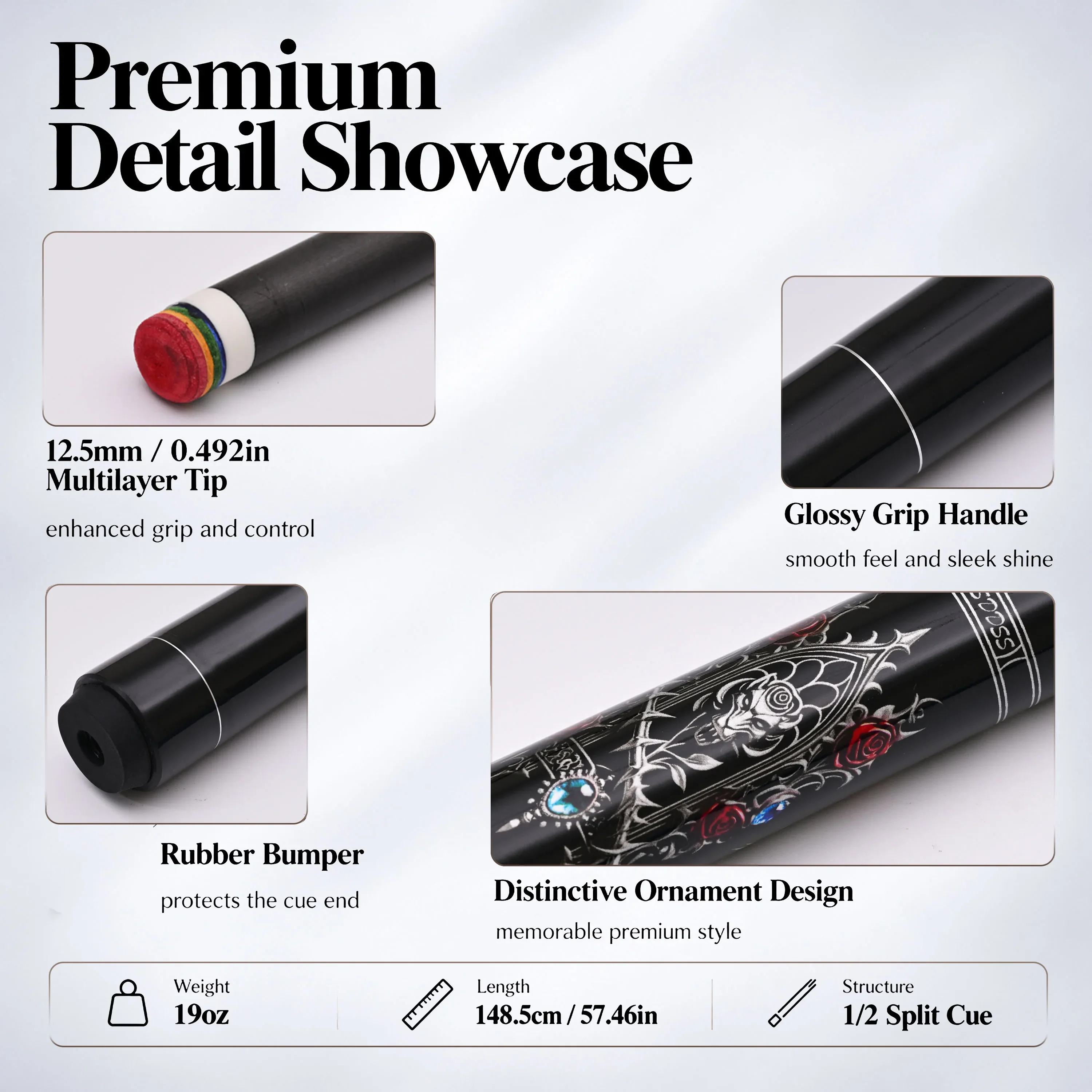 Carbon Cue Low Deflection 12.5mm Multi-Layer Tip Stainless 8-Thread Joint Stable Power Transfer 58 Inch Extension-Ready Butt Cap