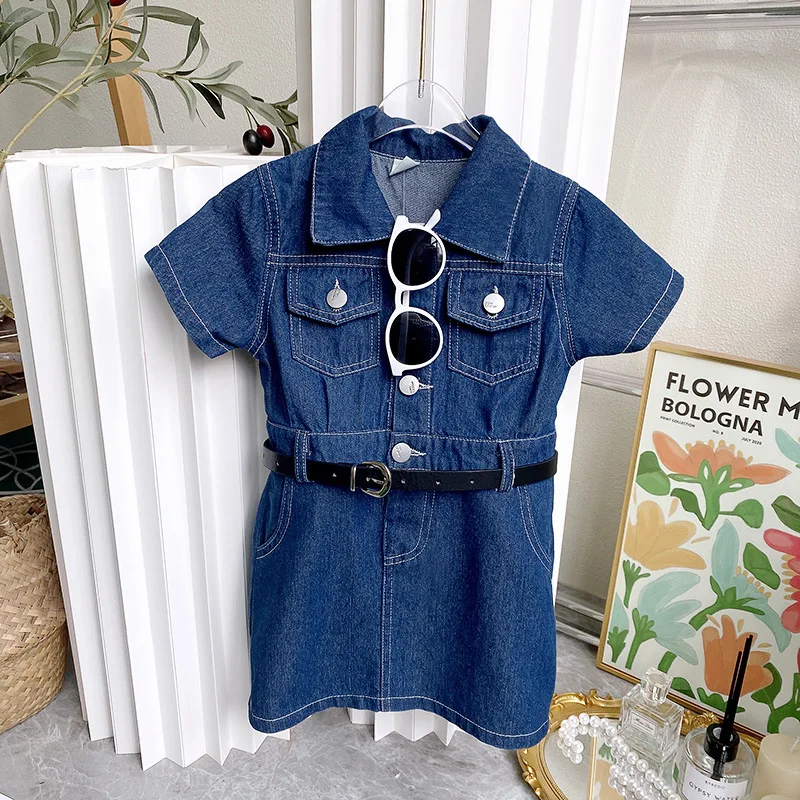 Girls Dress Spring New Korean Version Fashionable and Stylish Short Sleeved Denim Skirt Temperament Daily Casual Wear