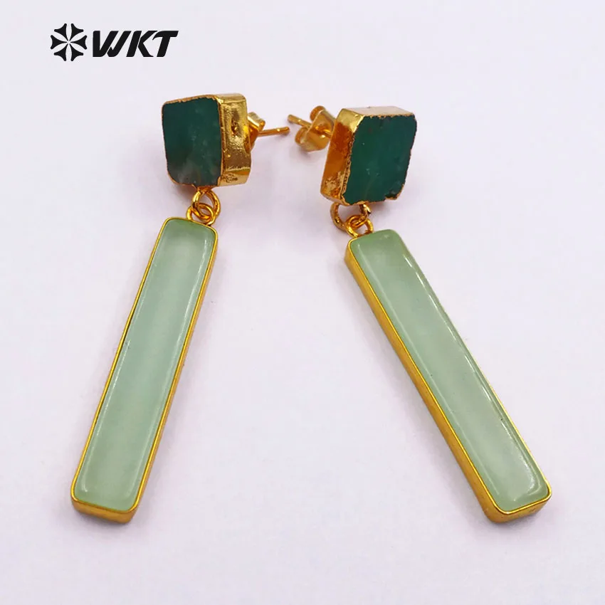 WT-E420 pendientes de piedra natural al por mayor, pendientes de barra larga verde para mujer, joyería con perno cuadrado, estilo clásico, aproximadamente 6*35mm