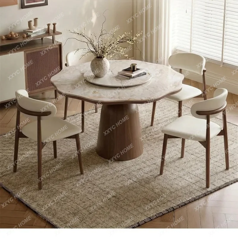XX Monet Garden Style Round Marble Dining Table With Lazy Susan, Scratch & Heat Resistant Walnut Color Tabletop For Home Kitchen