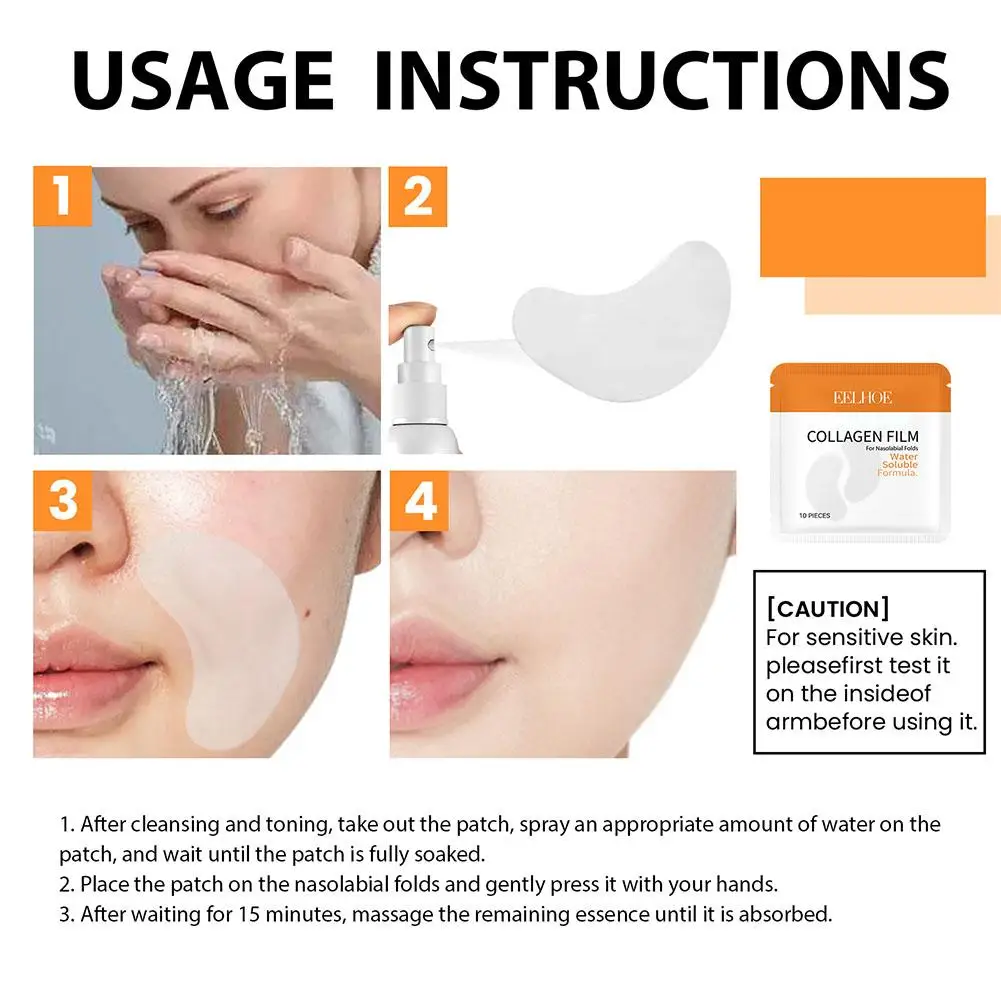 Masque Facial Soluble en Film de Collagène Hydrolysé, Patch pour les Yeux, Patch Frontal, Patch pour Joues, Élimination des Déformations, Hydratation, Raffermissement de la Peau, 10 Pièces