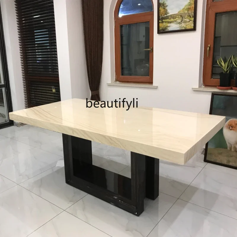 

Natural marble wood dining table Travertine dining table Living room Simple modern rectangular dining tableQ