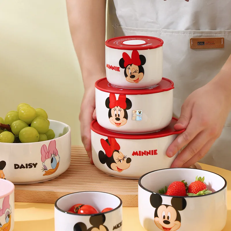 Mickey Bento Box 3 Piece Set Minnie Lunch Box Cartoon Ceramic Lunch Box Fresh Keeping Bowl Microwave Available Christmas Gift