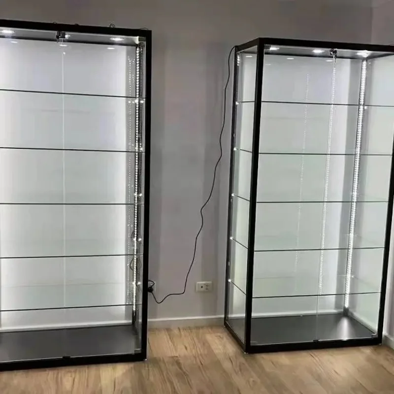 

Custom, showcase tempered glass with glass higher stand wall cabinet display for luxury jewely furniture shop display