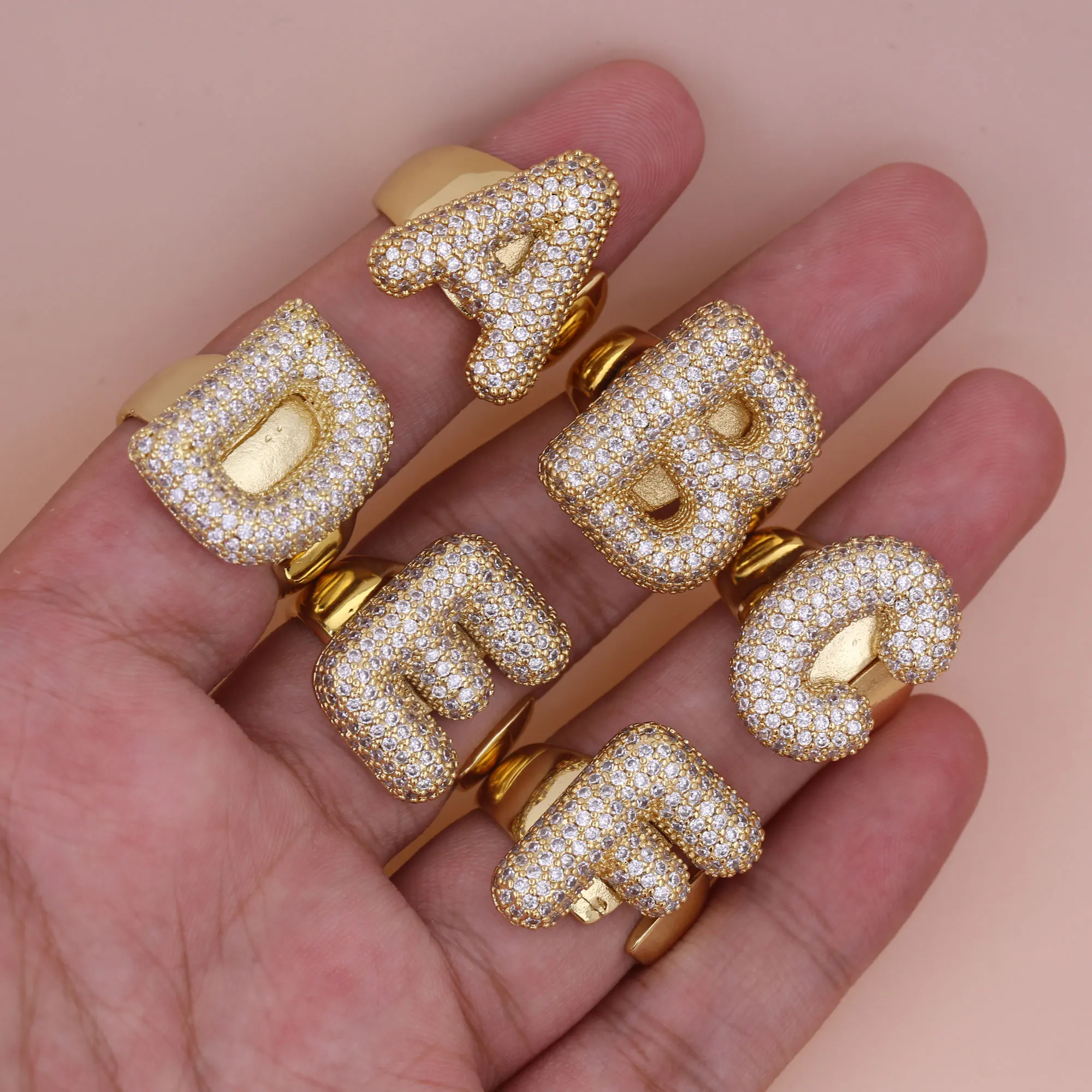 Fashion Versatile Plated Gold Copper White Zircon 26 English Letter Big Rings for Men Women Daily Wearing Jewelry