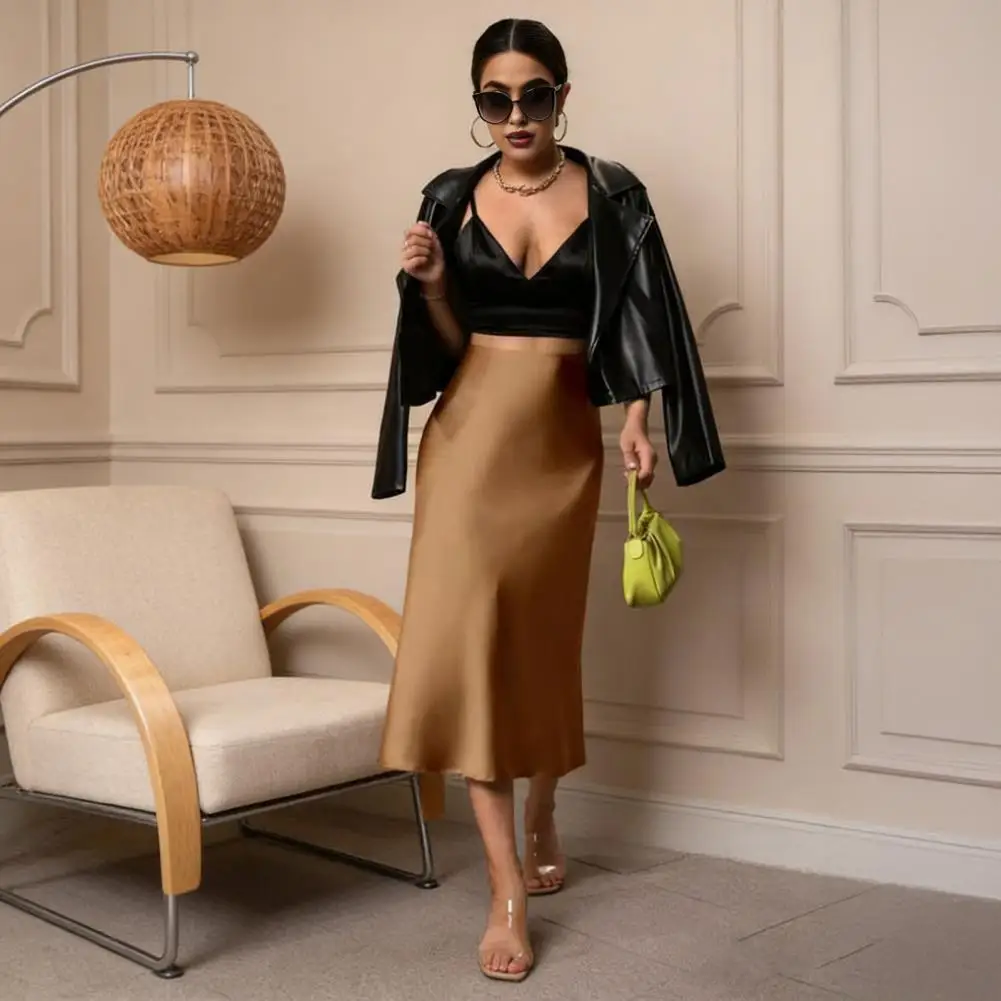 Midi Skirt Women Midi Skirt High Waist Satin Fishtail Hem Skirt for Travel Party Work Leisure Daily Wear Elegant Smooth Fabric