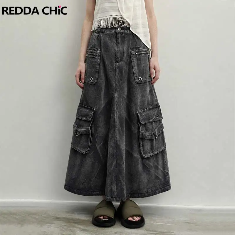 REDDACHiC ICON Eyelets Denim Maxi Skirt Women Harajuku Black Pleat Do Old A-line High Waist Cargo Jean Skirt Grunge Streetwear