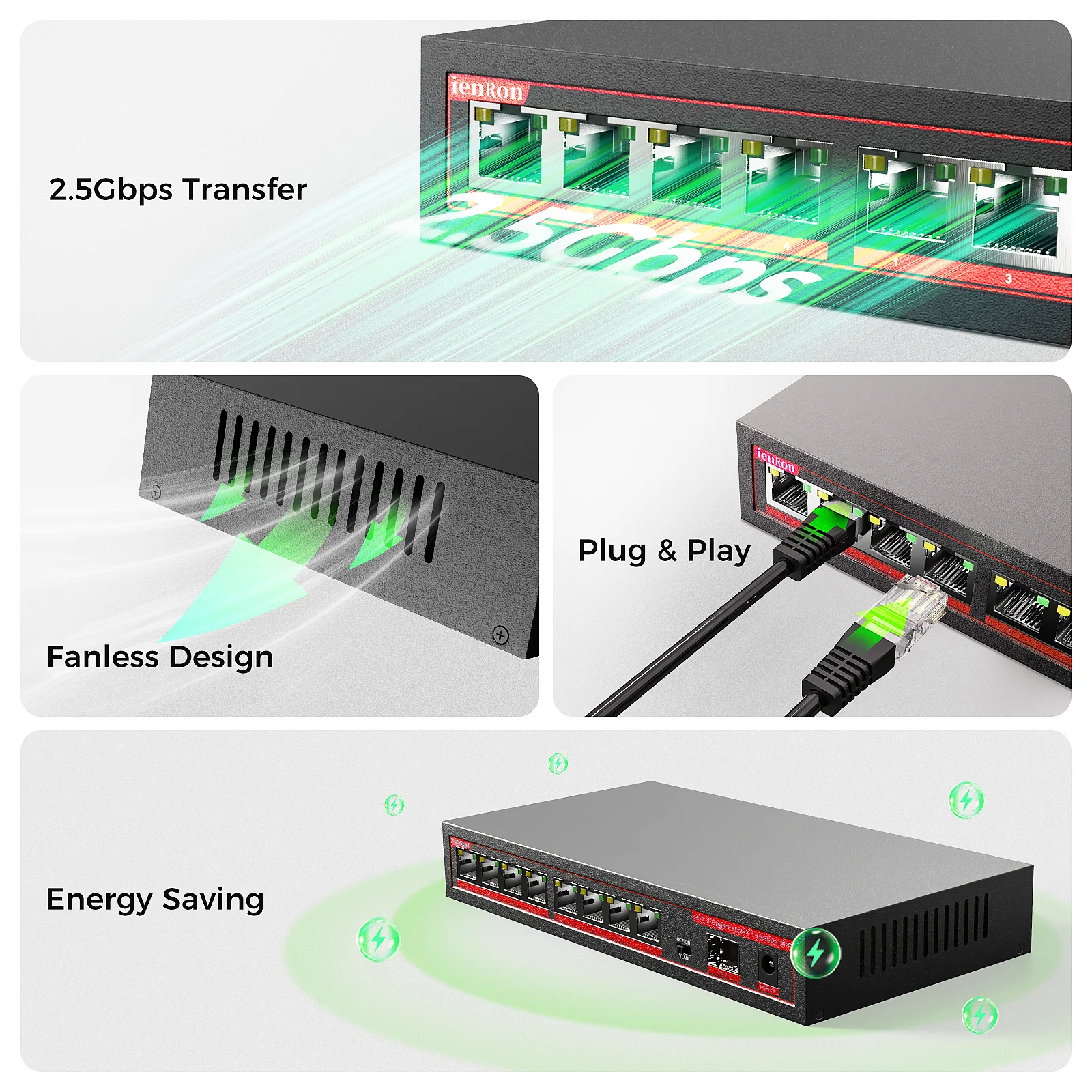 Ienron-Commutateur Ethernet avec port de déchets, commutateur réseau Cherry POE, caméra IP, sécurité CCTV, 2.5G, 4, 8 ports, 2.5G, 2/1x10G