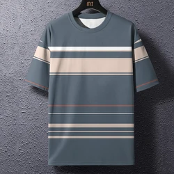 Summer Men's T-Shirt Stripe Print Crew Neck Pullover Business Casual Short Sleeve Tops Middle-Aged And Elderly Oversized Clothes