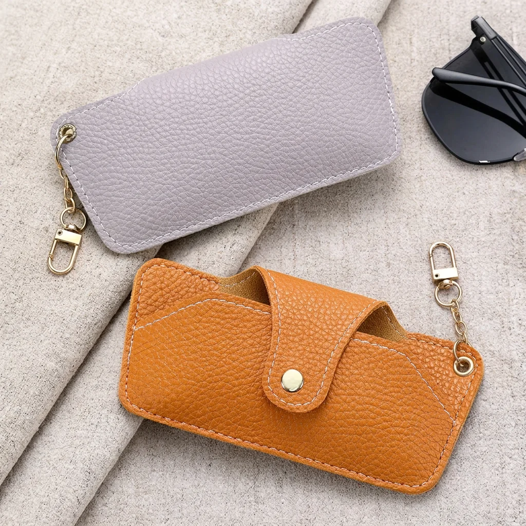 Portable Sunglasses Case PU Leather Eye Glasses Bag Reading Glasses Pouch Storage Box with Keychain Hook Soft Protector Cover