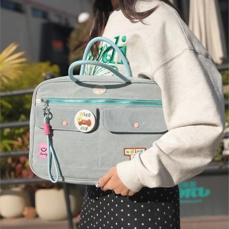 Ins-Bolso para ordenador portátil con calcomanía para mujer, bolso vaquero portátil para MacBook Air Pro de 13, 14 pulgadas, almacenamiento de accesorios para ordenador, bolsos de hombro