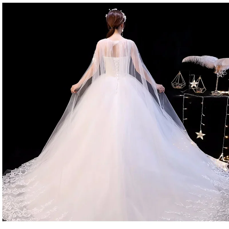 Robes de mariée simples et bon marché, grande taille, broderie en tulle blanc, col rond, en fibre de dentelle, boule de mariée traînante de princesse, quelle que soit XN002