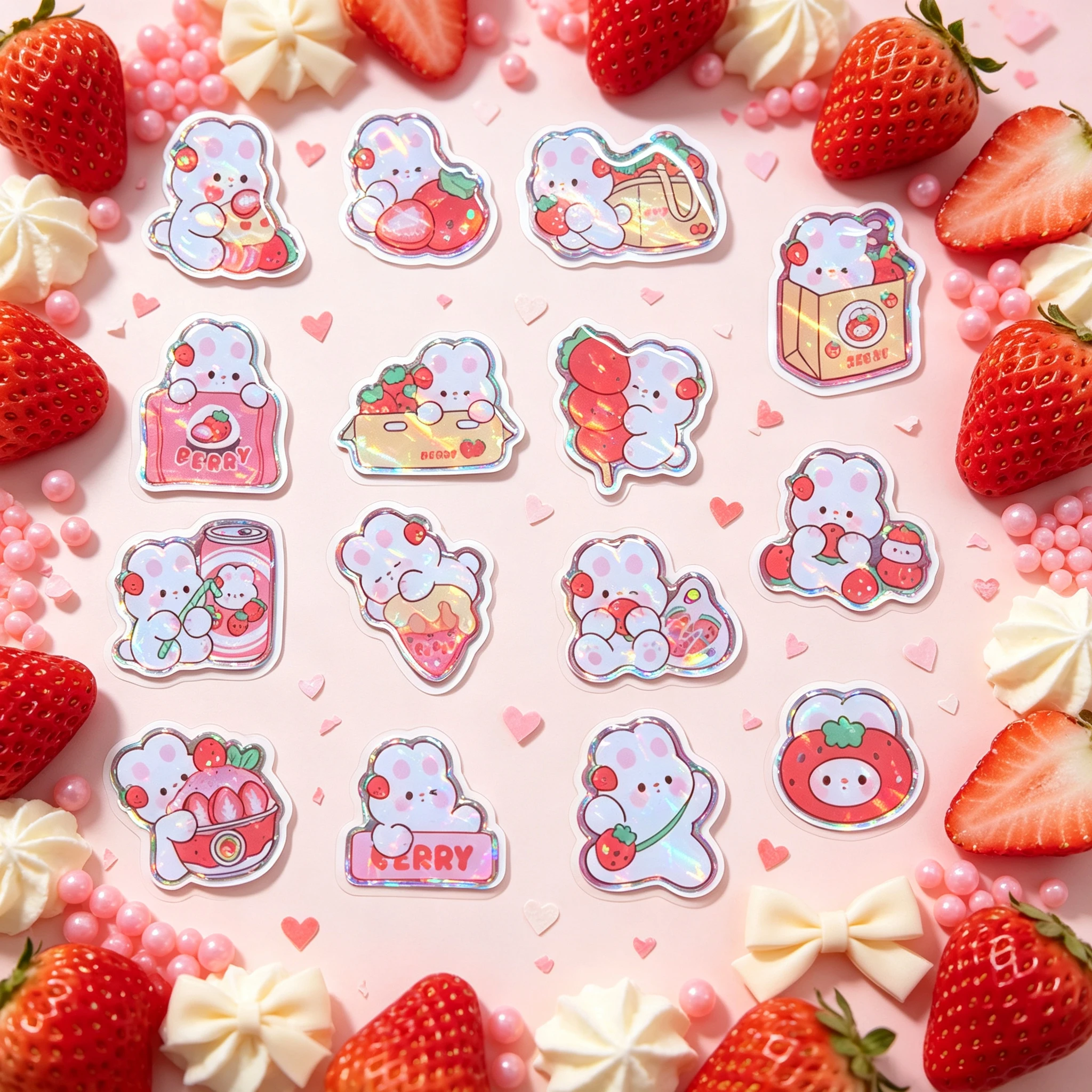 Kawaii Strawberry Bunny Epoxy Dome Stickers15pcs Waterproof Holographic Rabbit Decals, Guka Journal Water Bottle Decor Stickers