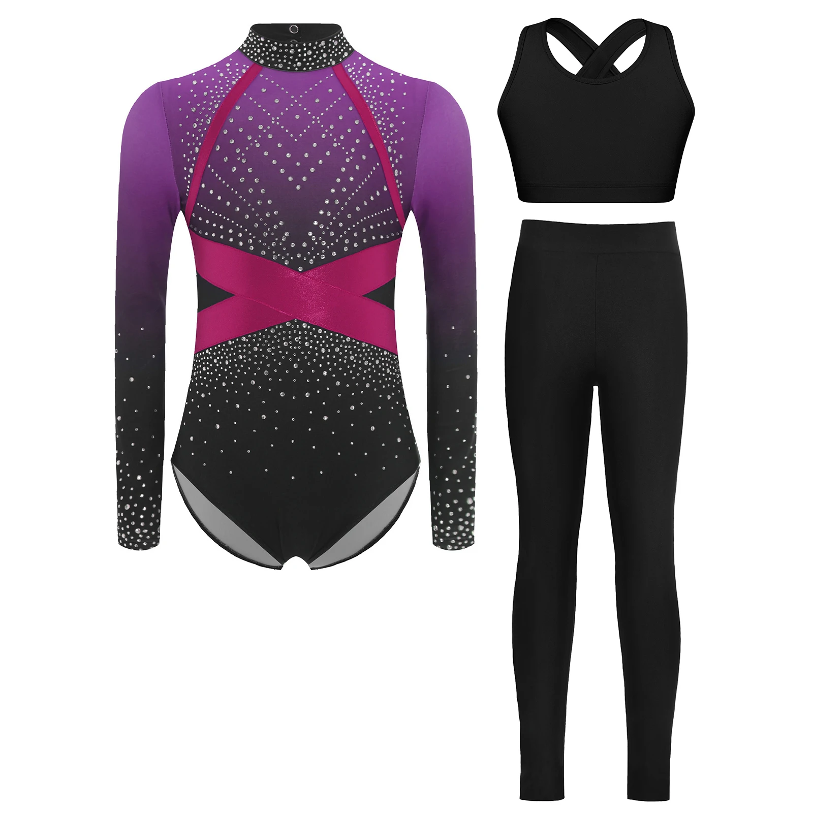 3개/세트 어린이 소녀 체조 피겨 스케이팅 댄스 의상 긴 소매 반짝이는 라인스톤 컬러 블록 레오타드+조끼 탑+레깅스