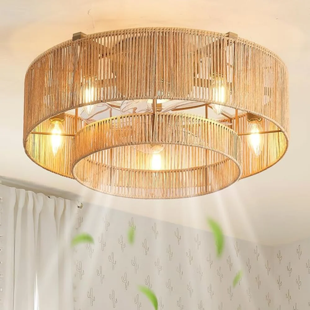 2‑Tier Rattan Ceiling Fan with Light Remote Control 6 Speeds Silent Boho Wicker Caged Fan Chandelier Home Decor Ceiling Lights ﻿