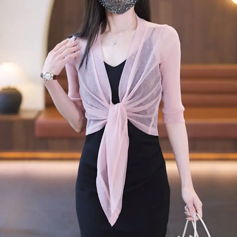 2024 Summer New Shawl with Camisole Skirt Sun Protection Jacket Women's Cardigan Thin Mesh Fashionable and Minimalist Outerw