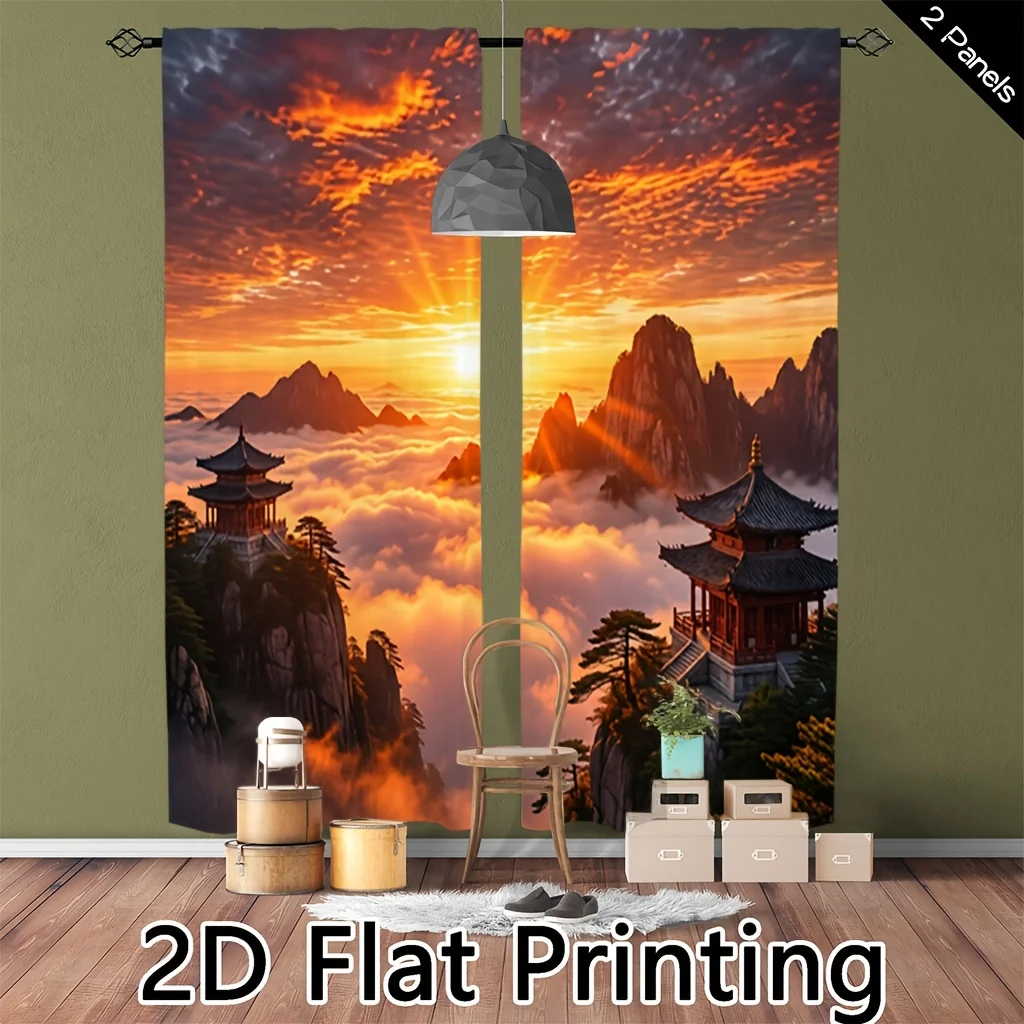 Chinese Landscape Curtains, Sunrise Mountain Pagoda Print Window Drapes, Oriental Zen Decor, Blackout Fabric for Living Room