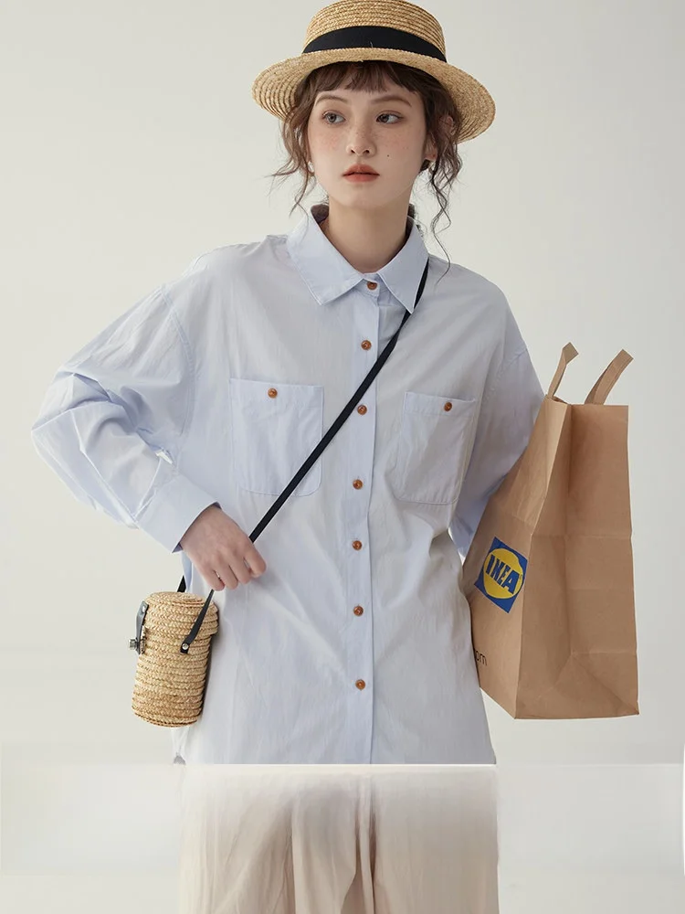 

AMUU North Island Retro Style Women's Long Sleeve Shirt Loose Fit Double Pocket Button up Cotton Neck Pure Color Spring ...