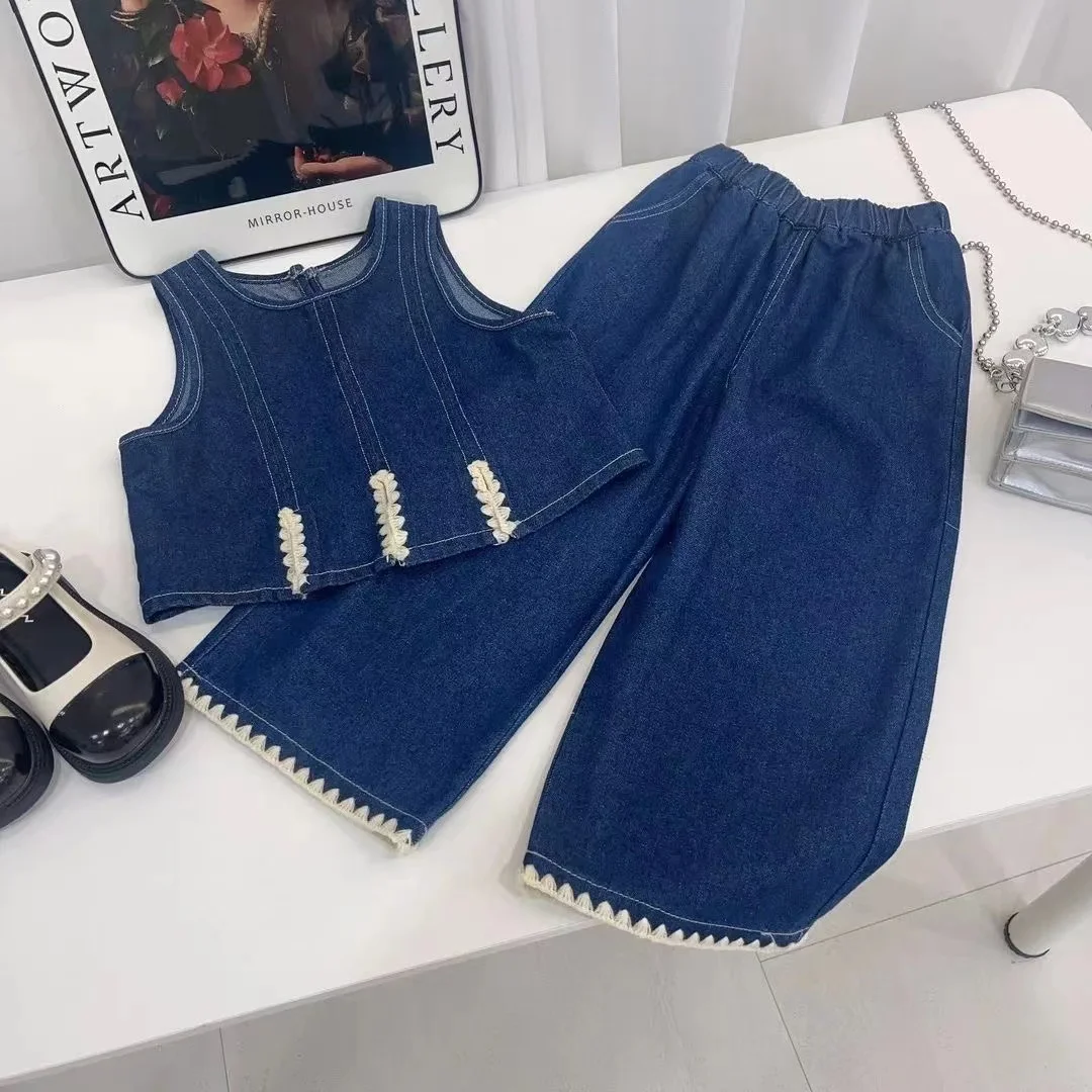 Kids Girls Denim Set Spring and Autumn 2024 New Children\'s T-Shirt Vest Wide Leg Pants Three Piece Set For Girls Korean Edition