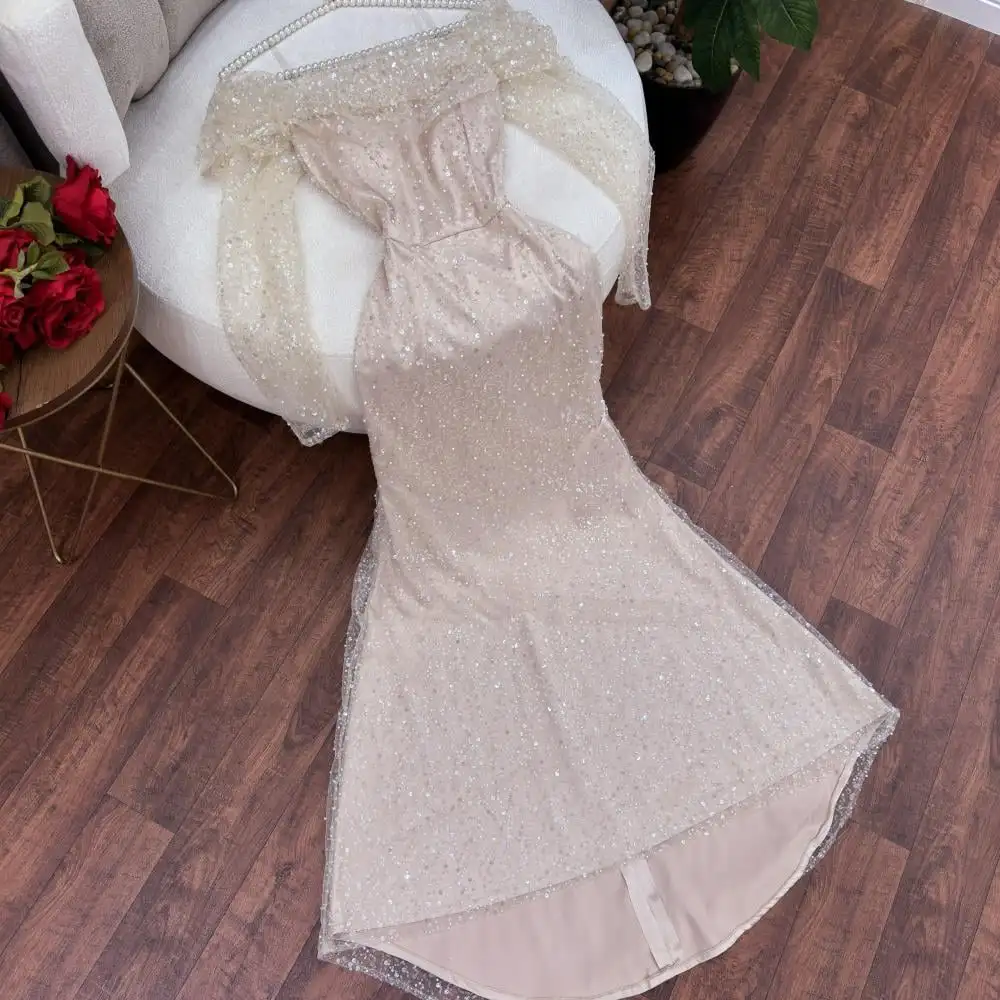 高級ビーズ長袖ウェディングドレスボートネックオフショルダーパールスパンコールマーメイドウエディングドレスブライダルドレスカスタマイズ