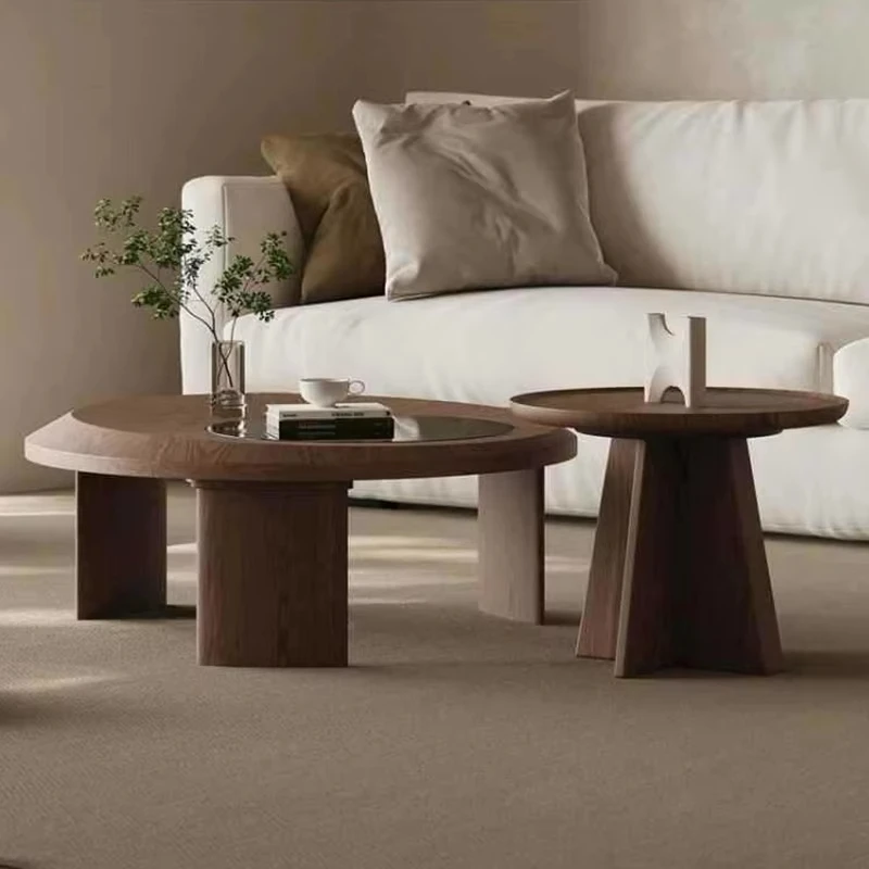 *Modern Walnut Wood Coffee Table with Round Glass Top Creative Designer Piece. Minimalist yet Functional.