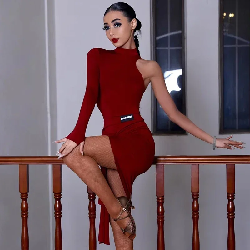 Spódnica Rumba Cha Cha Strój do Tańca Klubowego Czarna Sukienka Sukienka na Zawody Tańca Latynoamerykańskiego Damska Seksowna Bluzka z Jednym Rękawem