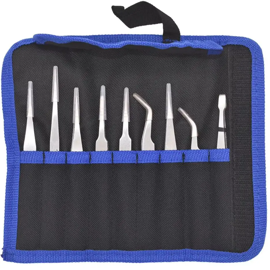 

Набор пинцетов 9 в 1, щипцы из нержавеющей стали с сумкой ST - 10, 11, 12, 13, 14, 15, 16, 17 34A, набор щипцов для электроники, инструмент для ремонта игрушек
