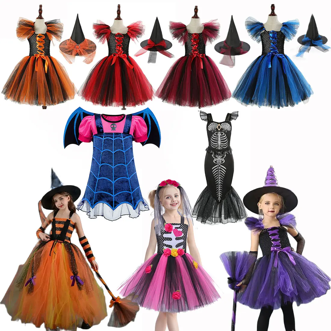 

2024 Vampire Skeleton Mermaid Witch Costume Girl Disguise Halloween Cosplay Carnival Party Toddler Kids Princess Dress Prom Gown