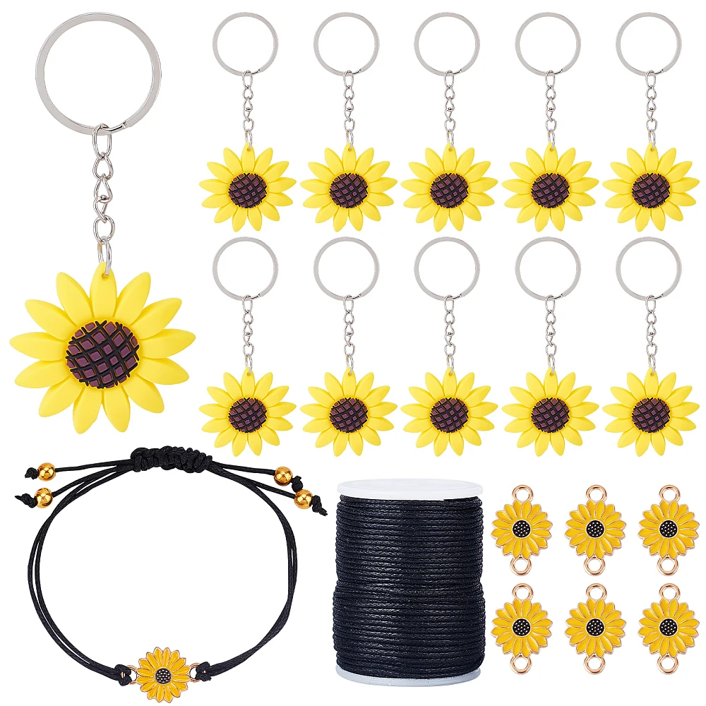 35pcs Sunflower Charms Keychains Yellow Flower Enamel Pendants Bracelets Floral Hanging Key Ring Connector Links with Black Cord