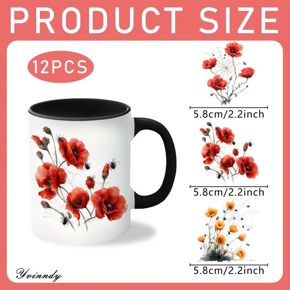 12Pcs/Set Watercolor Poppy Flower DIY Glass Jar Packaging Stickers UV DTF High Self-Adhesive Transfer Paper