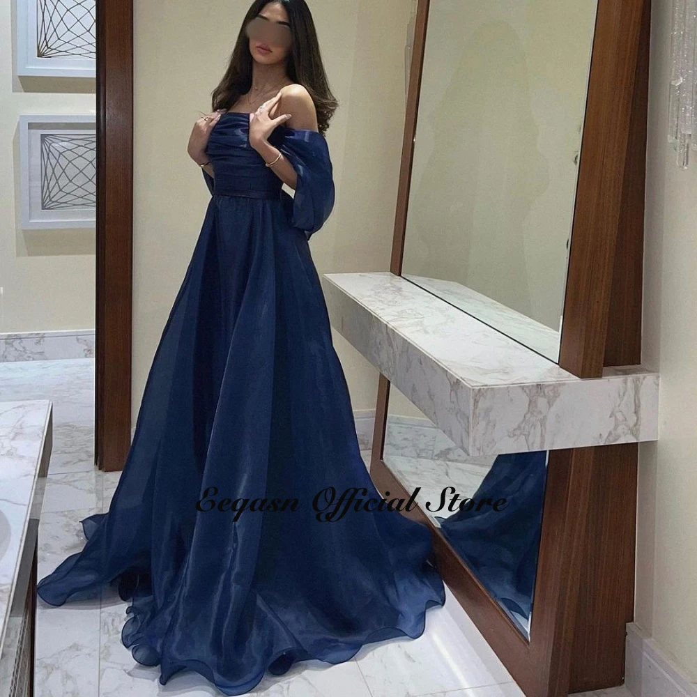 Elegante vestido sem alças, azul marinho, Organza simples, Linha A, vestido longo de baile, vestido de festa, Abaya, 2018