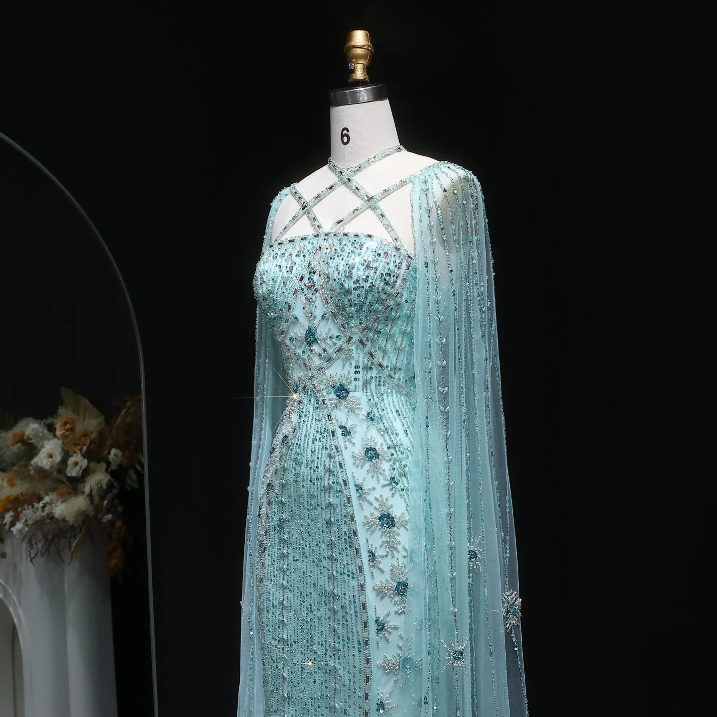 Sharon Said Dubai Champagner Meerjungfrauen-Abendkleider mit Cape-Ärmeln Aqua Criss Cross Flieder Hochzeits-Partykleid SS391 Maßanfertigung – Detail 11