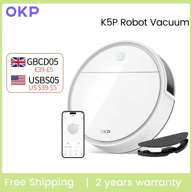 OKP K5P Robot Vacuum Cleaner, 5000Pa, 180 Mins, WiFi/App, Slim Design, Self-Charging, Perfect for Hard Floors, Pet Hair, Carpets