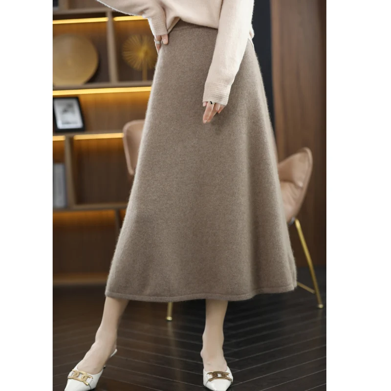 New 100% Pure Wool Knitted Skirt Women\'s Middle And Long High Waist Joker Hip A Step Skirt