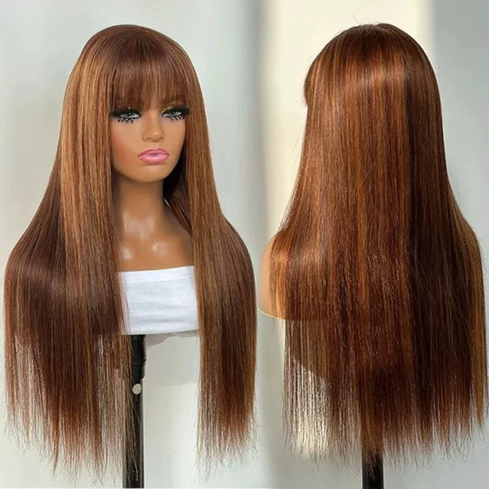 

Highlight Brown Glueless Human Hair Wigs Straight With Bangs Fringe Brazilian Straight Human Hair Wigs Full Machine Made Wigs