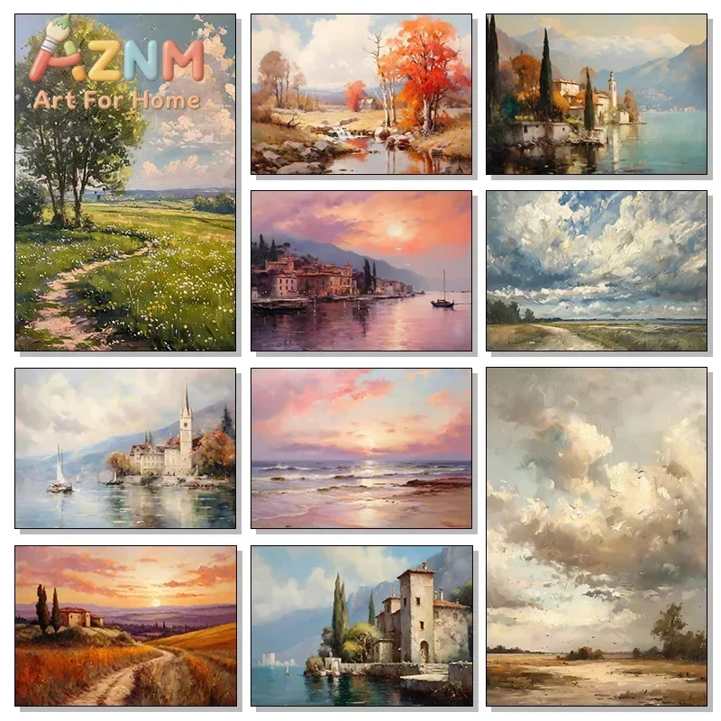 Vintage Countryside Seascape Coastal Venice Neutral Landscape Canvas Painting Print Moody Rustic Poster Living Room Home Decor