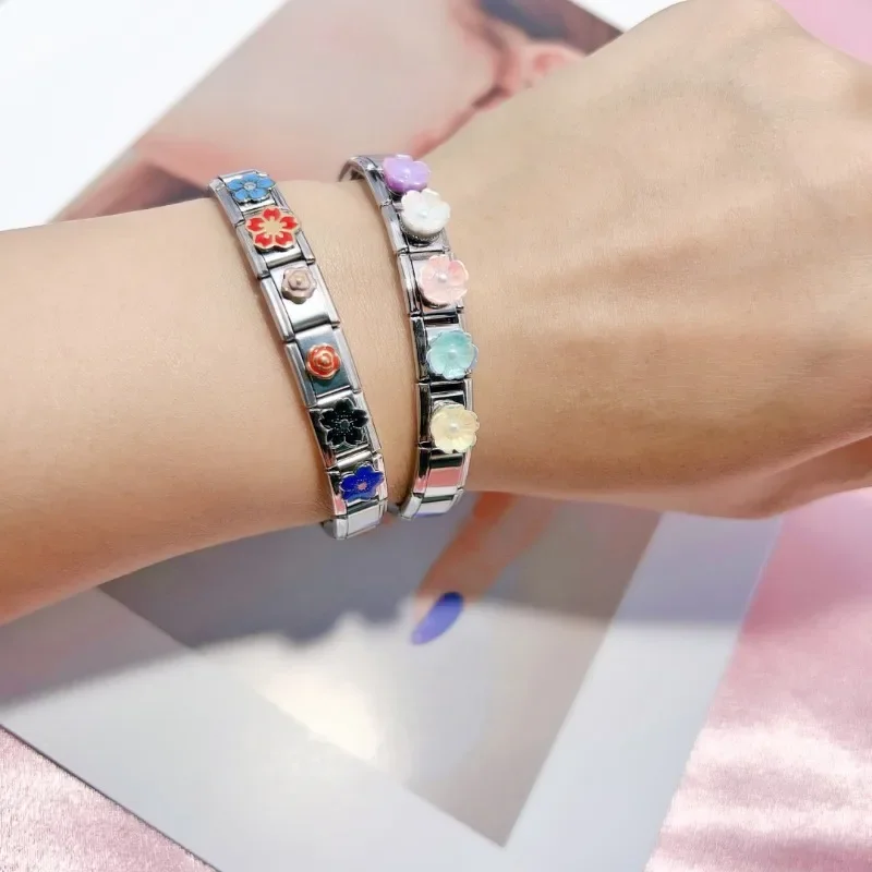 2024 신상 여성용 화려한 꽃무늬 탄성 이탈리아 참 링크 9mm 스테인리스 스틸 모듈식 팔찌 제작용 쥬얼리