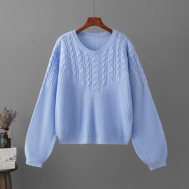 Autumn Casual Twist Stitching Loose Sweater Female Pulloverkorean Lantern Sleeve Knitted Pullover Sweater Winter Women Clothing