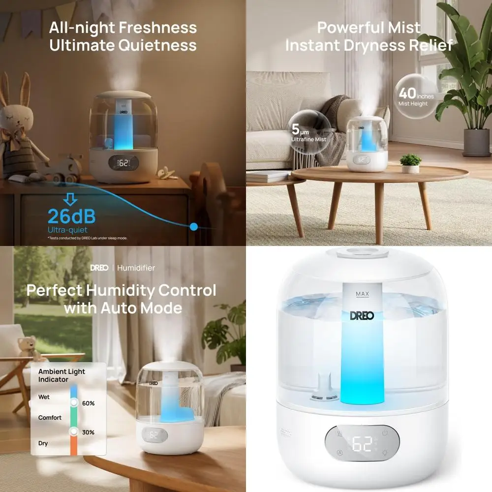 

Ультразвуковой увлажнитель воздуха с верхней заливкой, 3 л: 30 часов работы, 26 дБ (тихий), датчик влажности, ночник для больших помещений, идеально подходит для дома, для детской комнаты