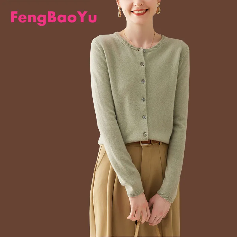 

Fengbaoyu Autumn Winter 100% Cashmere Sweater Ladies Round Neck Cardigan Casual Loose Knit Sweater Solid Color Long Sleeve Coat