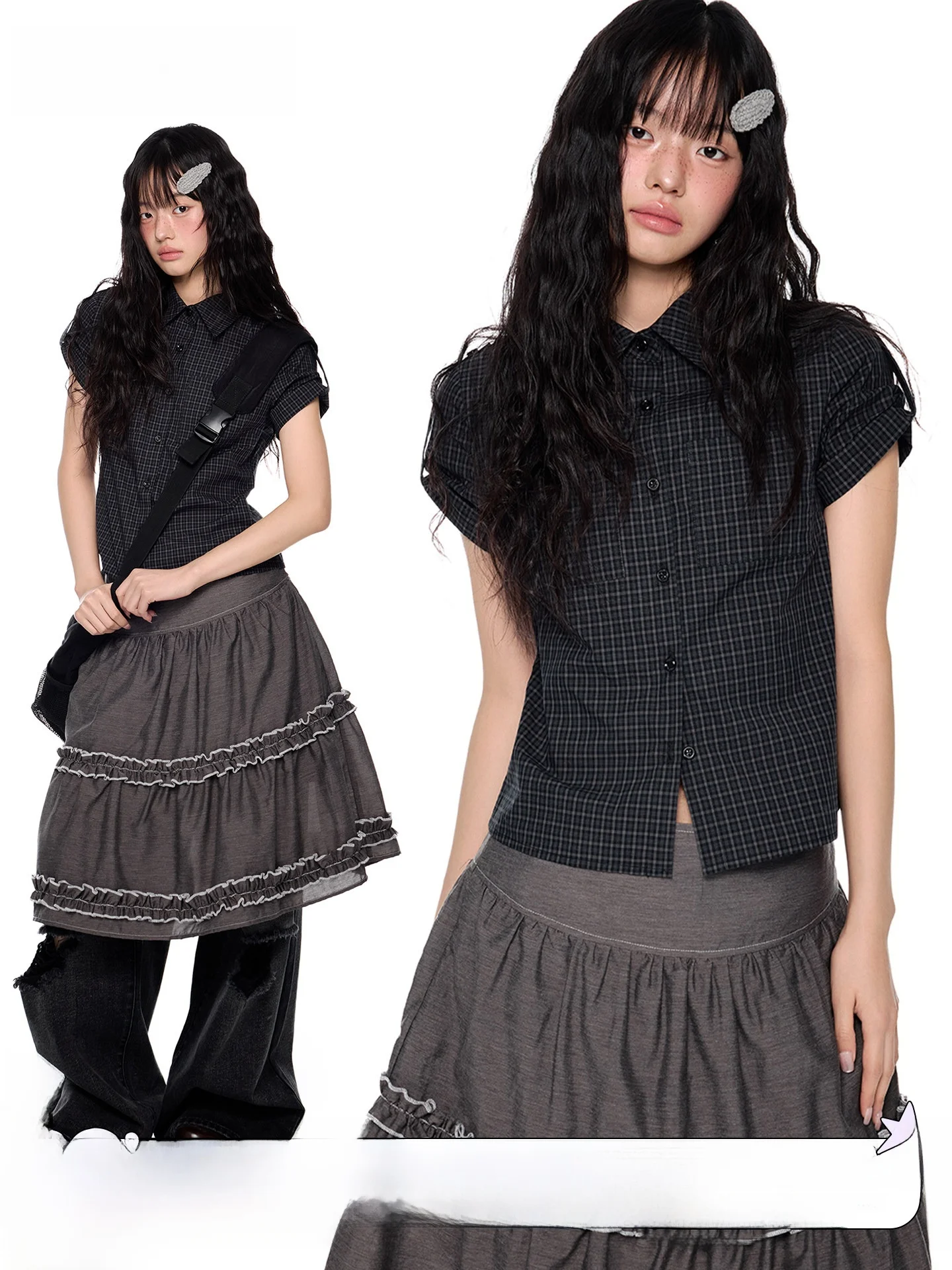 

Ezek Retro Style Women's Plaid Shirt Short Sleeve Breathable Cotton Casual Slim Fit Shoulder Length T-Shirt Summer New Arrival