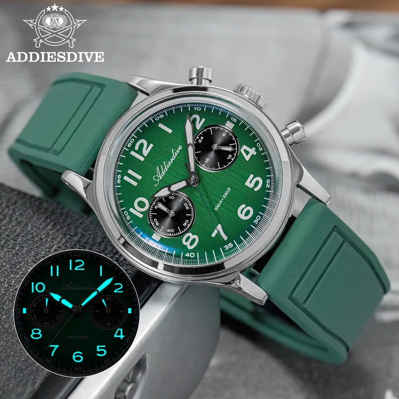 

ADDIESDIVE Men Watches 38mm VK64 Chronograph Quartz Watch 100m Waterproof Bubble Glass Luminous Fluorocarbon Rubber Wristwatch