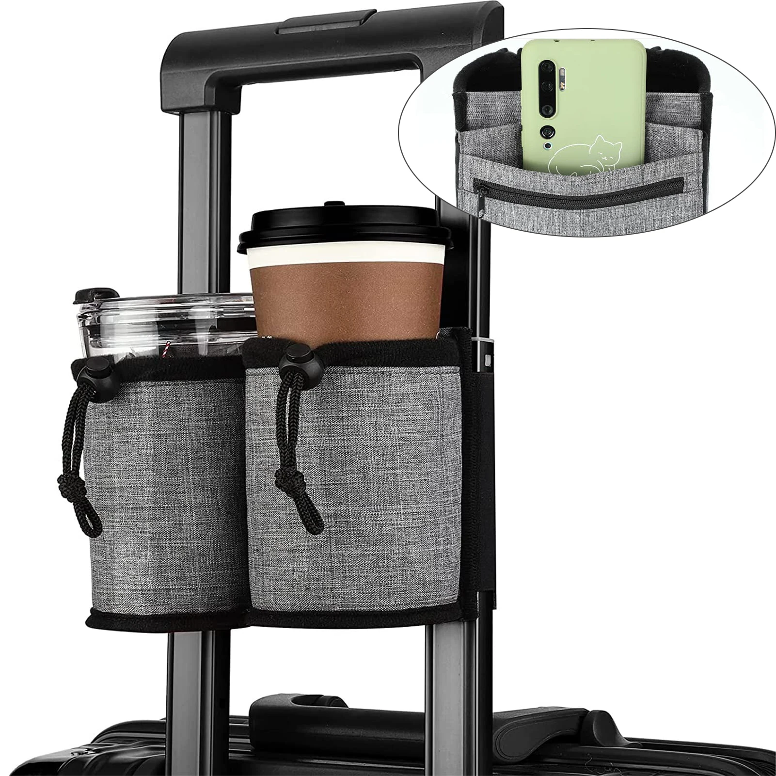 

Держатель для чашки для багажа Держатель для чашки для путешествий Держатель для напитков без помощи рук с двумя кофейными кружками Чемодан Сумка для напитков Дорожный багаж Acc