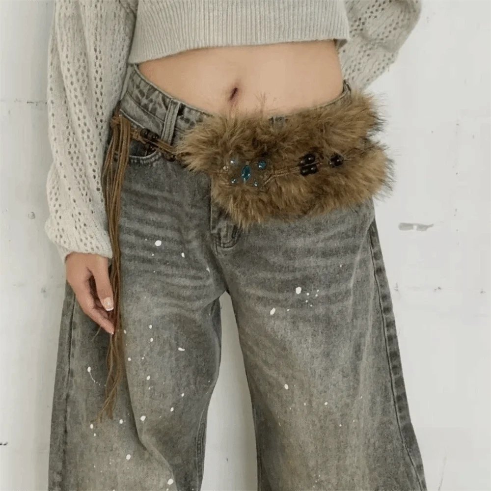 

Модный богемный пояс с веревкой, роскошный дизайн, пояс из искусственного меха Y2K, винтажный универсальный пушистый пояс, женская мода