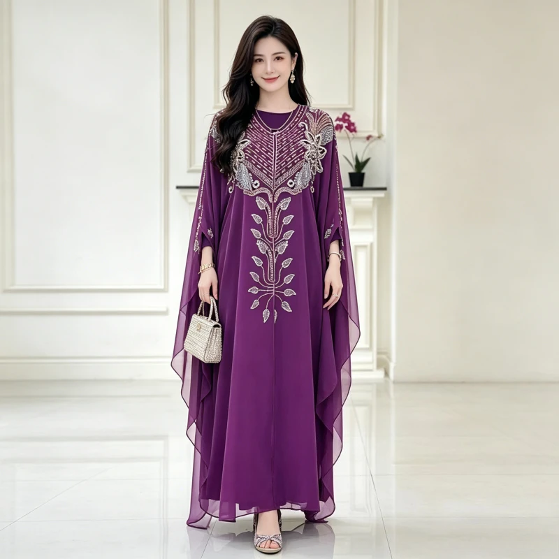 

African Eid Muslim Caftan Dress Set Women Diamond Bead 2 Piece Set Morocco Kaftan Chiffon Bat Sleeve Long Dress Vestidos Largos